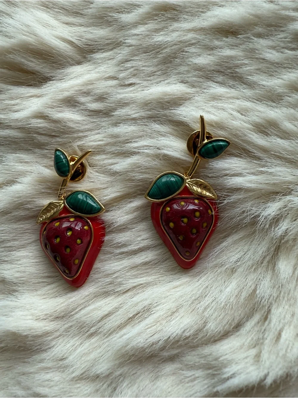 Gold-Tone Strawberry Drop Earrings with Red and Green Enamel